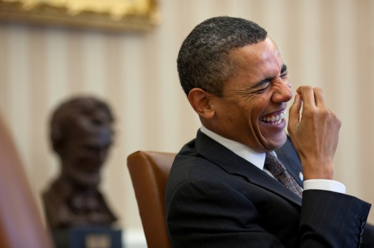 President Barack Obama laughs during a meeting in the Oval Office, Jan. 24, 2011. (Official White House Photo by Pete Souza)

This official White House photograph is being made available only for publication by news organizations and/or for personal use printing by the subject(s) of the photograph. The photograph may not be manipulated in any way and may not be used in commercial or political materials, advertisements, emails, products, promotions that in any way suggests approval or endorsement of the President, the First Family, or the White House.